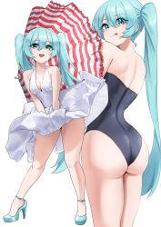 Rule 34 | 1girl, :d, :p, absurdres, alternate costume, amaama (beccyonaika1), aqua eyes, aqua hair, armpit crease, ass, back, bare shoulders, black leotard, breasts, cleavage, closed mouth, clothes lift, commentary, cosplay, covering crotch, covering privates, cowboy shot, dress, dress lift, dress tug, eyes visible through hair, from behind, full body, hair between eyes, hatsune miku, high heels, highleg, highleg leotard, highres, legs, leotard, long hair, looking at viewer, looking back, marilyn monroe, marilyn monroe (cosplay), multiple views, open mouth, simple background, sleeveless, sleeveless dress, small breasts, smile, standing, sundress, teeth, thighs, tongue, tongue out, twintails, upper teeth only, v arms, very long hair, vocaloid, white background, white dress, wind, wind lift
