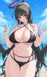 1girl beach bikini black_bikini black_hair black_nails blue_archive blue_sky blunt_bangs blush breasts cloud commentary cowboy_shot criss-cross_halter day double_v gluteal_fold halterneck head_tilt highres kuavera large_breasts long_hair looking_at_viewer low_wings multi-strapped_bikini_bottom nail_polish navel ocean official_alternate_costume outdoors red_eyes sky solo standing stomach swimsuit thighs tsurugi_(blue_archive) tsurugi_(swimsuit)_(blue_archive) v very_long_hair water wings