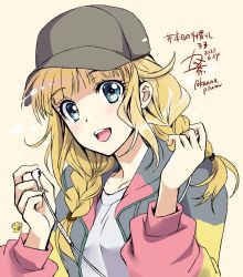 1girl 2022 baseball_cap black_hat blonde_hair blue_eyes blunt_bangs braid breasts dated earbuds earphones hat headphones highres jacket kanna_(plum) long_hair long_sleeves looking_at_viewer medium_breasts multicolored_jacket numbered open_clothes open_jacket open_mouth painttool_sai_(medium) paripi_koumei shirt smile solo tsukimi_eiko twin_braids twitter_username white_shirt
