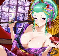 1girl blue_flower blue_rose breasts cleavage commission cup eyeshadow floral_print floral_print_kimono flower green_hair green_nails hair_flower hair_ornament hair_stick highres holding holding_umbrella japanese_clothes kimono large_breasts makeup mole mole_on_breast muton_(muton82) oil-paper_umbrella print_kimono purple_eyes purple_eyeshadow purple_flower purple_kimono purple_rose rose sakazuki skeb_commission solo umbrella virtual_youtuber vspo! yakumo_beni