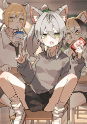 3girls absurdres animal_ears black_necktie black_skirt blonde_hair cat classroom drinking green_eyes grey_hair grey_sweater highres katsu_(katsupainter) multiple_girls necktie original pleated_skirt school_uniform shirt sitting skirt socks sweater thighs white_shirt white_socks yellow_eyes