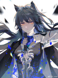 1girl animal_ears arknights black_hair black_jacket black_vest blood blood_spray blue_blood blue_gloves blurry chinese_commentary chromatic_aberration closed_mouth commentary_request fingerless_gloves floating_hair gloves highres holding holding_sword holding_weapon jacket jacket_on_shoulders long_hair official_alternate_costume orange_eyes purple_eyes shirt solo sword texas_(arknights) texas_the_omertosa_(arknights) upper_body vest watermark weapon weibo_watermark weibo_watermark white_background white_shirt wolf_ears wolf_girl zhuo_soleil