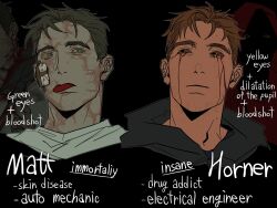 2boys :| bandage_on_face bandages black_background black_hoodie blood blood_on_face bloodshot_eyes bloody_tears brown_hair closed_mouth dilated_pupils english_text facial_hair goatee_stubble green_eyes grey_hair highres hood hood_down hoodie ju-san male_focus messy_hair multiple_boys original outline portrait shirt short_hair stubble tongue tongue_out white_outline white_shirt yellow_eyes