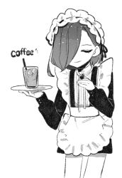 1girl ahoge alternate_costume apron black_dress bolo_tie chi_kan100 closed_eyes closed_mouth coffee cowboy_shot dress drinking_straw enmaided facing_viewer frilled_apron frilled_suspenders frills gem glass hair_over_one_eye hand_on_own_chest high_collar holding holding_tray ice ice_cube kimi_no_koto_ga_dai_dai_dai_dai_daisuki_na_100-nin_no_kanojo long_sleeves maid maid_apron maid_headdress monochrome nakaji_uto official_alternate_costume one_eye_covered puffy_long_sleeves puffy_sleeves short_dress short_hair side_part simple_background smile solo suspenders tray waist_apron white_apron white_background