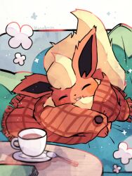 blush closed_eyes commentary couch cup fang flareon gen_1_pokemon hanabusaoekaki highres nintendo no_humans on_couch open_mouth pillow pokemon pokemon_(creature) saucer solo spoon tea teacup
