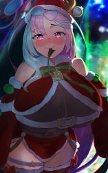 +_+ 1girl absurdres aged_up bare_shoulders bell belt belt_bra blue_hair blush bodystocking bow bow-shaped_hair breasts capelet character_hair_ornament cleavage closed_mouth commentary_request covered_navel cowboy_shot creatures_(company) detached_sleeves fur-trimmed_capelet fur_trim game_freak gen_4_pokemon hair_between_eyes hair_ornament hat highres hizakake huge_breasts iono_(pokemon) jingle_bell long_hair looking_at_viewer mouth_hold multicolored_hair night nintendo nose_blush pink_eyes pink_hair pokemon pokemon_(creature) pokemon_sv red_capelet red_hat red_skirt red_sleeves red_thighhighs rotom rotom_phone santa_hat see-through_cleavage see-through_clothes sidelocks skirt sleeves_past_fingers sleeves_past_wrists solo split-color_hair standing striped_bow thigh_strap thighhighs two-tone_hair very_long_hair white_belt