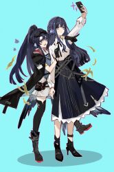 Rule 34 | 2girls, absurdres, animal ears, aqua background, arknights, astesia (arknights), astgenne (arknights), bird ears, bird tail, black gloves, blue eyes, blue hair, blue ribbon, blue skirt, boots, bright pupils, cape, collared shirt, commission, gloves, high heels, highres, long sleeves, multiple girls, pointy ears, ponytail, rhine lab logo, ribbon, selfie, shirt, siblings, simple background, sisters, skirt, smile, sparkle, standing, standing on one leg, tail, thighhighs, white pupils, white shirt, yinxingbufuqiu04875