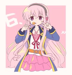 1girl belt blue_coat candy coat food frilled_skirt frills headphones holding holding_candy holding_food holding_lollipop jewelry licking lollipop long_hair necklace pink_hair pink_skirt purple_eyes sidelocks signature skirt solo tantei_opera_milky_holmes tongue tongue_out tooyama_saku tsunoji v very_long_hair