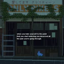 animal_print box bush cardboard_box dark english_text highres no_humans onlypixeeels original outdoors pixel_art plant poster_(object) rain road scenery shop sidewalk vines window_shutter