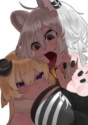 2girls :/ absurdres animal_ear_piercing animal_ears black_nails blush breasts claw_pose empty_eyes eye_contact grey_eyes highres hololive horns large_breasts lion_ears lion_girl long_hair looking_at_another multiple_girls open_mouth sheep_girl sheep_horns shishiro_botan shishiro_botan_(1st_costume) simple_background tongue tongue_out tsunomaki_watame tsunomaki_watame_(1st_costume) virtual_youtuber white_background white_hair yuuppi