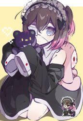 1girl a_sa_gohan absurdres black_necktie blue_eyes brown_hair collared_shirt colored_tips eyepatch frilled_hairband frills hair_between_eyes hairband heart highres holding holding_stuffed_toy lolita_fashion looking_at_viewer medical_eyepatch multicolored_hair necktie off_shoulder one_side_up original pink_hair pixel_art_inset pixel_heart seiza shirt short_hair sitting sprite sprite_art stuffed_animal stuffed_toy teddy_bear two-tone_hair very_long_sleeves yellow_background