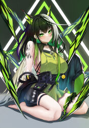 Rule 34 | 1girl, absurdres, ahoge, animal ears, arknights, barefoot, black hair, black jacket, blush, breasts, cat ears, closed mouth, dress, extra ears, fake animal ears, green dress, green eyes, green hair, highres, huge ahoge, jacket, long hair, looking at viewer, material growth, mon3tr (arknights), multicolored hair, open clothes, open jacket, oripathy lesion (arknights), sideboob, sitting, sleeves past wrists, solo, vailtred