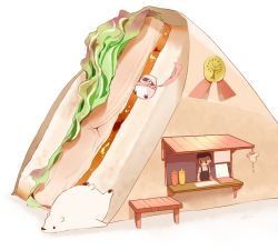 1girl animal apron awning bear bench bird chai_(drawingchisanne) commentary_request food food_focus in_food ketchup_bottle mini_person minigirl mustard_bottle on_food original penguin polar_bear sandwich shop signature sliding undersized_animal white_background wrapper