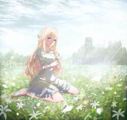 1girl :d blonde_hair blue_eyes blue_sky braid building cloud cloudy_sky collared_dress commentary_request day dress field flower flower_field hair_between_eyes highres holding holding_flower looking_at_viewer misaki_nonaka on_grass open_mouth original outdoors ruins sandals short_sleeves sky smile solo tree white_dress white_flower white_sandals