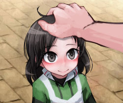 1girl black_eyes black_hair black_jacket blush child green_jacket hand_on_another&#039;s_head headpat heart heart-shaped_pupils heart_in_eye jacket kemurikusa long_hair looking_at_another looking_away multicolored_jacket nose_blush out_of_frame ray-k riri_(kemurikusa) smile solo_focus spoilers symbol-shaped_pupils symbol_in_eye upper_body white_jacket