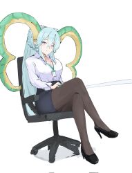 1girl blue_hair breasts chair commission crossed_legs fate/grand_order fate_(series) high_heels highres horns long_hair nicho office_lady pantyhose red_eyes sitting skirt smile solo symbol-shaped_pupils tagme thighhighs tiamat_(fate) tiamat_(third_ascension)_(fate/grand_order)