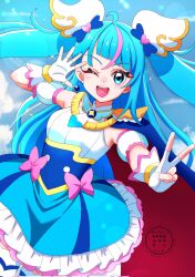 1girl ;d ahoge alternate_hairstyle blue_cape blue_dress blue_eyes blue_hair blue_sky bow breasts brooch cape cloud cloudy_sky commentary corrupted_twitter_file cowboy_shot cure_sky cut_bangs day detached_sleeves dress dress_bow earrings fingerless_gloves fingernails gloves hair_down hair_ornament hand_up highres hirogaru_sky!_precure jewelry lens_flare long_hair magical_girl medium_breasts medium_dress momotarouooi multicolored_dress multicolored_hair one_eye_closed open_hand open_mouth outdoors pink_bow pink_hair pink_streaks precure puffy_detached_sleeves puffy_sleeves red_cape single_earring single_hair_streak single_sidelock sky sleeveless sleeveless_dress smile solo sora_harewataru sphere_earrings spread_fingers streaked_hair teeth thighhighs twintails two-sided_cape two-sided_fabric two-tone_dress upper_teeth_only v watermark white_dress white_gloves white_thighhighs wing_brooch wing_hair_ornament zettai_ryouiki
