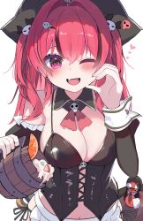 1girl black_corset blush breasts cleavage clover_39 corset fang goddess_of_victory:_nikke hand_up highres large_breasts long_hair mast_(nikke) mast_(romantic_maid)_(nikke) one_eye_closed open_mouth pink_eyes red_hair skin_fang smile solo