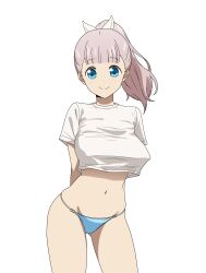 1girl absurdres anime_coloring arms_behind_back bikini blue_bikini blue_eyes breasts closed_mouth commentary coro_fae covered_erect_nipples dot_nose fujiwara_chika gluteal_fold hair_ribbon high_ponytail highres kaguya-sama_wa_kokurasetai_~tensai-tachi_no_renai_zunousen~ large_breasts looking_at_viewer navel o-ring o-ring_bikini pink_hair ponytail ribbon shirt short_sleeves simple_background smile solo stomach swimsuit thighs white_background white_ribbon white_shirt