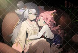 2girls animal_ears bare_legs bilibili_581334 blue_skirt breasts china_dress chinese_clothes chinese_commentary closed_mouth commentary_request commission couch cross_hair_ornament curly_hair dress flower fox_ears green_eyes hair_between_eyes hair_flower hair_ornament highres holding_another&#039;s_wrist indoors long_bangs long_hair long_sleeves looking_at_viewer multiple_girls on_couch open_mouth original pink_hair pleated_skirt school_uniform serafuku shirt sidelighting sidelocks sitting skirt thigh_strap white_hair white_shirt