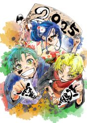 Rule 34 | 1girl, 2025, 2boys, absurdres, blonde hair, blue hair, calligraphy brush, dirty, dirty face, floral print, floral print kimono, green green greens, highres, holding, holding calligraphy brush, holding paintbrush, holding sign, japanese clothes, kimono, mouth hold, multiple boys, oga nadeshiko, oliver shiramine, paint, paint on body, paint on clothes, paintbrush, print kimono, sign, smile, terasaka kento, yaesaki haku, yellow eyes