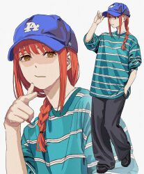 1girl absurdres alternate_costume baseball_cap black_footwear black_pants blue_hat braid braided_ponytail chainsaw_man full_body green_shirt hand_in_pocket hat highres long_hair looking_at_viewer los_angeles_dodgers makima_(chainsaw_man) multiple_views pants pointing pointing_at_viewer red_hair ringed_eyes shiren_(ourboy83) shirt sidelocks sideways_glance simple_background sleeves_pushed_up striped_clothes striped_shirt upper_body