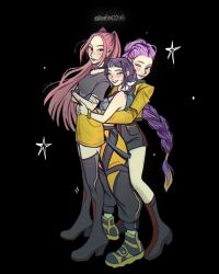 Rule 34 | 3girls, ^ ^, alicetrijjet, artist name, black background, blunt bangs, blush, boots, bracelet, braid, braided ponytail, choker, closed eyes, commentary, crossed arms, double bun, full body, hair bun, highres, hug, hug from behind, jewelry, kpop demon hunters, long hair, mira (kpop demon hunters), multiple girls, one eye closed, purple hair, rumi (kpop demon hunters), simple background, thigh boots, twintails