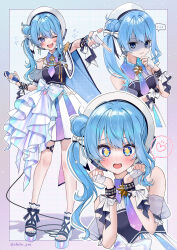 +_+ 1girl ;d beret blue_dress blue_eyes blue_hair blue_nails blue_necktie closed_mouth collared_dress commentary_request detached_sleeves double-parted_bangs dress epaulettes fingerless_gloves full_body gloves hair_between_eyes hair_bun hat heart highres holding holding_microphone hololive hoshimachi_suisei hoshimachi_suisei_(supernova) idol_clothes long_hair looking_at_viewer microphone multiple_views nail_polish necktie official_alternate_costume one_eye_closed open_mouth outstretched_arm platform_sandals puffy_detached_sleeves puffy_sleeves sandals shaded_face short_necktie side_cape side_ponytail side_up_bun single_epaulette single_sidelock smile spoken_heart star_(symbol) star_in_eye symbol_in_eye thigh_strap toenail_polish toenails toes virtual_youtuber white_dress white_gloves white_hat yuuyu_(moco20111115)
