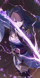 1girl arm_up armor asymmetrical_sleeves black_panties blunt_bangs blurry blurry_background braid breasts bridal_gauntlets cherry_blossoms chinese_commentary cleavage closed_mouth clothing_cutout electricity falling_petals fan_hair_ornament floating flower from_side genshin_impact glowing glowing_sword glowing_weapon gradient_hair hair_floating_upwards hair_flower hair_flowing_over hair_ornament hand_up highres holding holding_sword holding_weapon japanese_clothes katana kimono large_breasts light_particles long_braid long_hair looking_to_the_side mitsudomoe_(shape) mole mole_under_eye multicolored_hair off_shoulder panties petals pink_petals powering_up purple_eyes purple_flower purple_hair purple_kimono purple_nails purple_thighhighs raiden_shogun red_sash sash shade shoulder_armor shoulder_cutout single_braid smirk solo standing streaked_hair sword thighhighs thighs tomoe_(symbol) underwear uneven_sleeves watermark weapon weibo_6133417532 weibo_username weibo_watermark wide_sleeves