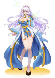 Rule 34 | 1girl, arch bishop (ragnarok online), black shoes, blue dress, blush, book, breasts, cleavage, cleavage cutout, closed mouth, clothing cutout, commentary, cross, dress, english commentary, full body, highres, holding, holding book, juliet sleeves, large breasts, long hair, long sleeves, looking at viewer, no legwear, puffy sleeves, purple eyes, purple hair, ragnarok online, sash, shoes, smile, solo, sparkle, standing, two-tone dress, white background, white dress, yellow sash, yuralamune
