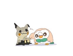 +_+ amonilust bird bright_pupils brown_eyes gen_7_pokemon highres looking_down mimikyu nintendo no_humans open_mouth pokemon pokemon_(creature) rowlet translation_request white_background white_pupils
