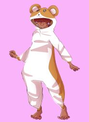 1girl 1shermieaday animal_costume animal_ears baggy_clothing bodysuit dark-skinned_female dark_skin earrings female_focus hamster hamster_costume hamster_ears hamster_girl jewelry long_hair marellartt ponytail red_hair shermie_(kof) smile smiley_face standing tan the_king_of_fighters thick_thighs thighs twintails wide_hips