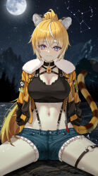 1girl absurdres animal_ears bell black_tank_top blonde_hair blue_eyes breasts cleavage constellation crop_top denim denim_shorts full_moon fur-trimmed_jacket fur_trim highres jacket large_breasts long_hair looking_at_viewer moon navel neck_bell night night_sky open_clothes open_jacket orange_jacket original orion_(constellation) ponytail shorts sky solo stomach tail tank_top thighs tiger_ears tiger_girl tiger_tail yeonrizee