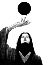 1girl black_hair black_kimono circle greyscale highres japanese_clothes kimono long_hair looking_at_viewer monochrome original paint solo straight-on tp_p_pt white_background