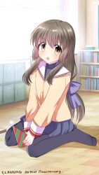 Rule 34 | 1girl, black pantyhose, blue skirt, bookshelf, brown eyes, clannad, grey hair, hat, highres, hikarizaka private high school uniform, ibuki fuuko, indoors, jacket, kazemidori, long hair, looking at viewer, low-tied long hair, pantyhose, party hat, pleated skirt, sailor collar, school uniform, sitting, skirt, solo, unworn hat, unworn headwear, wariza, white sailor collar, yellow jacket
