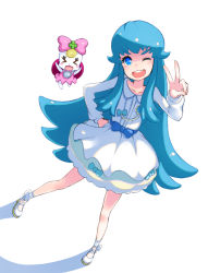 &gt;_&lt; 10s 1girl bad_id bad_pixiv_id blue_eyes blue_hair bow closed_eyes cure_princess hand_on_own_hip happinesscharge_precure! long_hair looking_at_viewer one_eye_closed open_mouth pink_bow precure ribbon_(happinesscharge_precure!) shirayuki_hime simple_background skirt tacta v white_background