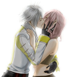 Rule 34 | 1boy, 1girl, backlighting, bare shoulders, black gloves, closed eyes, couple, cropped legs, final fantasy, final fantasy xiii, final fantasy xiii-2, gloves, hand on another&#039;s cheek, hand on another&#039;s face, hand on another&#039;s shoulder, hope estheim, hug, kiss, lightning farron, midriff, pink hair, simple background, spirasen, waist hug, white background, white hair