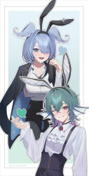 Rule 34 | 2girls, :d, animal ears, aqua eyes, aqua hair, ascot, blue hair, blush, breasts, collarbone, elira pendora, fangs, finana ryugu, fins, grin, hair between eyes, hair over one eye, head fins, head wings, heart, holding necktie, jacket, jacket on shoulders, large breasts, lazulight, looking at viewer, medium hair, multiple girls, nijisanji, nijisanji en, official alternate costume, one eye closed, open mouth, outline, purple eyes, rabbit ears, small breasts, smile, udonhorok, virtual youtuber, white ascot, white outline, wings, wolf cut