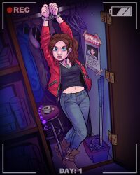 Rule 34 | 1girl, angry, arms up, bdsm, black shirt, blue eyes, bondage, boots, bound, bound wrists, brown footwear, brown hair, butt plug, chain, claire redfield, closet, cuffs, denim, emilie easie, freckles, highres, indoors, jacket, jeans, jewelry, kidnapped, looking at viewer, necklace, open clothes, open jacket, pants, ponytail, poster (object), recording, red jacket, resident evil, resident evil 2, sex toy, shackles, shirt, standing, stomach, stool, tape, viewfinder
