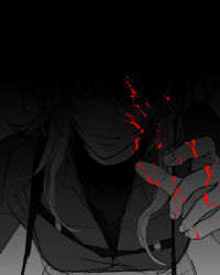 Rule 34 | 1girl, blood, blood on clothes, blood on hands, chest belt, chief (path to nowhere), collared shirt, commentary request, dark, diamond earrings, dress pants, earrings, eyelashes, female chief (path to nowhere), fingernails, glowing, glowing eyes, gradient background, grey background, greyscale, hair between eyes, highres, jewelry, leaning forward, lips, long hair, long sleeves, monochrome, outstretched hand, parted lips, path to nowhere, red eyes, shirt, sidelocks, single earring, smirk, solo, spot color, swept bangs, teeth, toho10min, turtleneck, turtleneck shirt, undershirt, upper body, you gonna get raped