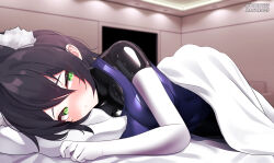 1girl absurdres animal_ear_fluff animal_ears artist_name bed bed_sheet bedroom black_bodysuit blanket blush bodysuit breasts covered_navel elbow_gloves embarrassed gloves green_eyes hair_between_eyes head_on_pillow highres indoors latex latex_bodysuit leotard looking_at_viewer lying maguro27 medium_breasts no_nose on_bed on_side original pillow purple_hair purple_leotard shiny_clothes short_hair sidelocks solo twitter_username under_covers white_blanket white_gloves