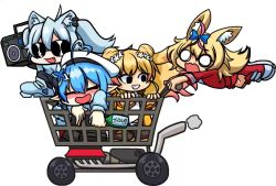 4girls :d ahoge animal_ears animated beret blonde_hair blue_hair blush boombox bottle bow chibi double_bun drunk elf exhaust_pipe fang flower fox_ears foxarcana friday_night_funkin&#039; grey_hair grin hair_bow hair_bun hair_flower hair_ornament hat heart heart_ahoge hololive in_shopping_cart lion_ears long_hair looping_animation momosuzu_nene multiple_girls nepolabo o_o omaru_polka open_mouth pointy_ears sake_bottle shishiro_botan shoes shopping_cart simple_background smile sneakers stereo sunglasses video virtual_youtuber white_background yukihana_lamy