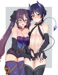 Rule 34 | 1boy, 1girl, absurdres, alternate costume, aqua background, arms at sides, bare shoulders, black bow, black bridal gauntlets, black choker, black gloves, black hair, black leotard, black nails, black skirt, black thighhighs, blue leotard, blunt ends, blush, border, bow, breasts, bridal gauntlets, brooch, choker, cleavage, closed mouth, collarbone, commission, covered erect nipples, covered navel, crotch, demon horns, demon tail, demon wings, double handjob, earrings, elbow gloves, erection, eyelashes, eyeshadow, genshin impact, gloves, gold, hair between eyes, hair bow, half-closed eyes, handjob, heart, heart tail, height difference, hetero, highres, horns, jewelry, large breasts, leotard, looking down, makeup, middle ring, miniskirt, mona (genshin impact), mona (pact of stars and moon) (genshin impact), multicolored leotard, navel, niwa (niwa827), open mouth, parted bangs, pectorals, penis, ponytail holder, puffy vulva, purple eyes, purple hair, purple leotard, purple thighhighs, raised eyebrows, red eyeshadow, scaramouche (genshin impact), second-party source, short eyebrows, simple background, skirt, star (symbol), star brooch, star choker, star earrings, star print, super highleg, sweatdrop, tail, teeth, thighhighs, thighlet, twintails, upper teeth only, white border, wing ornament, wings, wispy bangs