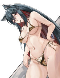 Rule 34 | 1girl, absurdres, alternate costume, animal ear fluff, animal ears, arknights, bikini, black hair, breasts, bright pupils, colored inner hair, commentary request, cowboy shot, food, food in mouth, gold bikini, golden week, golden week bikini, groin, hair between eyes, highres, kisumun, large breasts, long hair, mouth hold, multicolored hair, navel, orange eyes, partial commentary, pocky, pocky in mouth, red hair, side-tie bikini bottom, simple background, solo, standing, swimsuit, texas (arknights), white background, white pupils, wolf ears, wolf girl, yellow bikini