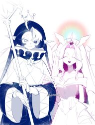 1girl angel angel_wings blue_eyes cookie_run cookie_run:_kingdom dress eternal_sugar_cookie highres humanization long_hair long_sleeves looking_at_viewer neck_ruff oyki0000013 pink_eyes pink_hair puffy_long_sleeves puffy_sleeves shadow_milk_cookie smile very_long_hair white_dress white_hair wings