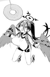 10mo 1girl blue_archive blush breasts feathered_wings full_body greyscale halo hasumi_(blue_archive) hasumi_(track)_(blue_archive) highres jacket large_breasts oversized_wings long_hair long_sleeves mole mole_under_eye monochrome motion_lines official_alternate_costume open_mouth ponytail shoes shorts simple_background socks solo track_jacket white_background wings