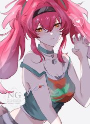 1girl bandaid bandaid_on_arm black_hairband breasts choker claw_pose collarbone green_choker green_tank_top hairband heart highres jewelry long_hair looking_at_viewer lupa_(wuthering_waves) medium_breasts midriff necklace pink_hair sidelocks simple_background solo spoken_heart star_(symbol) star_necklace strap_slip tail tank_top twintails upper_body watermark white_background wolf_girl wolf_tail wu_yuuri wuthering_waves yellow_eyes