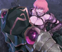 Rule 34 | ainz ooal gown, armor, bearhug, blood, blood from mouth, breasts, cleavage, clementine (overlord), clenched teeth, large breasts, looking at another, overlord (maruyama), teeth, tonko from