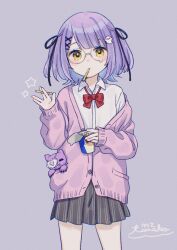 Rule 34 | 1girl, alternate costume, black ribbon, blush, bow, bowtie, cardigan, collared shirt, commentary, ghost hair ornament, glasses, grey background, hair ornament, hair ribbon, hair tie, highres, holding, looking at viewer, mizutamako, mouth hold, off shoulder, purple hair, red bow, red bowtie, ribbon, shinomiya runa, shirt, signature, skirt, solo, virtual youtuber, vspo!, white shirt, x hair ornament, yellow eyes