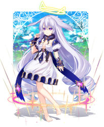 1girl absurdly_long_hair bad_id bad_pixiv_id barefoot blurry blurry_background breasts dress drill_hair female_focus full_body grey_hair hair_wings halo long_hair looking_at_viewer nyori original outdoors puffy_short_sleeves puffy_sleeves purple_eyes short_sleeves small_breasts solo standing very_long_hair white_dress